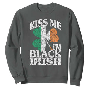Funny Kiss Me I'm Black Irish Sweatshirt St Patrick's Day Vintage Shamrock TS11 Dark Heather Print Your Wear