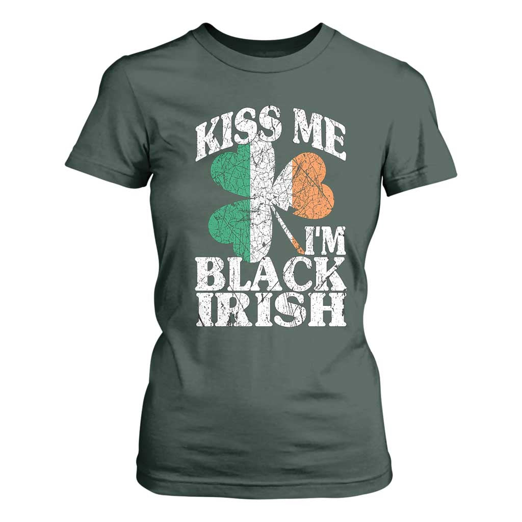 Funny Kiss Me I'm Black Irish T Shirt For Women St Patrick's Day Vintage Shamrock TS11 Dark Forest Green Print Your Wear
