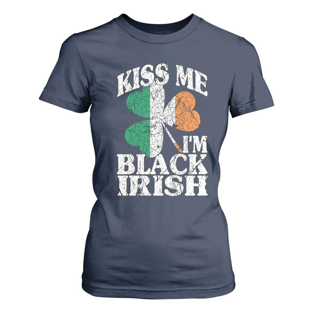 Funny Kiss Me I'm Black Irish T Shirt For Women St Patrick's Day Vintage Shamrock TS11 Navy Print Your Wear