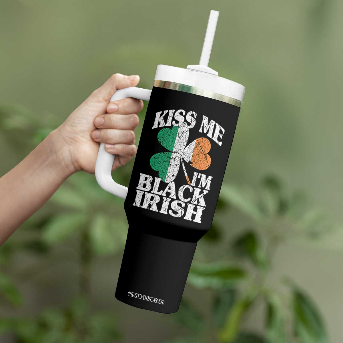 Funny Kiss Me I'm Black Irish Tumbler With Handle St Patrick's Day Vintage Shamrock TS11 Print Your Wear