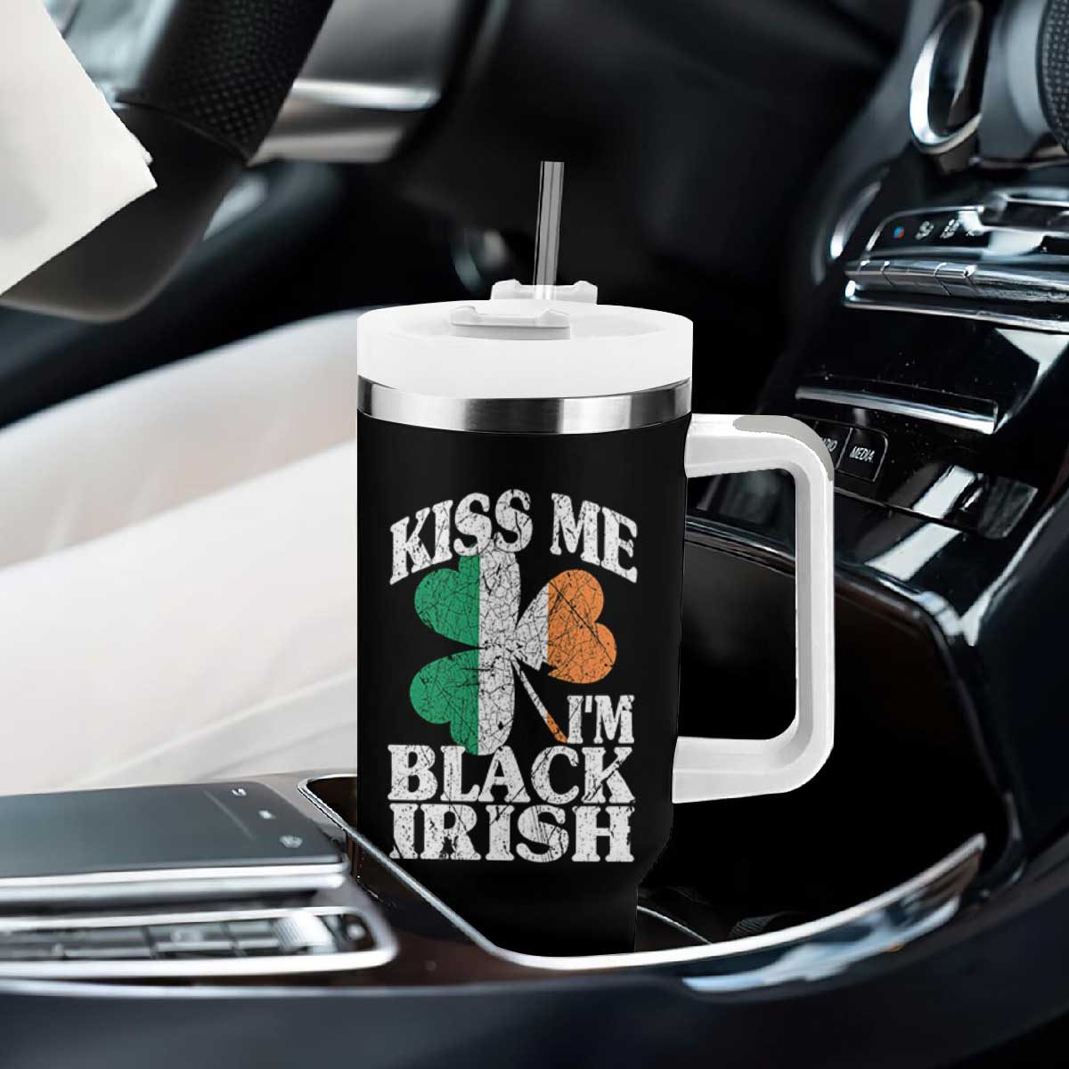 Funny Kiss Me I'm Black Irish Tumbler With Handle St Patrick's Day Vintage Shamrock TS11 Print Your Wear