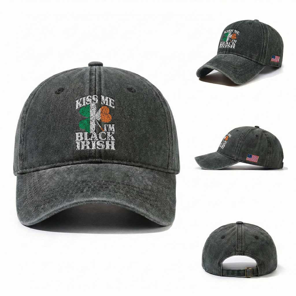 Funny Kiss Me I'm Black Irish Washed Cotton Baseball Cap St Patrick's Day Vintage Shamrock TS11 Washed Cap Universal Fit Dark Green Print Your Wear