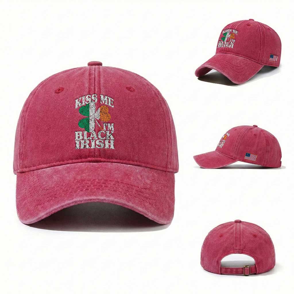 Funny Kiss Me I'm Black Irish Washed Cotton Baseball Cap St Patrick's Day Vintage Shamrock TS11 Washed Cap Universal Fit Red Print Your Wear