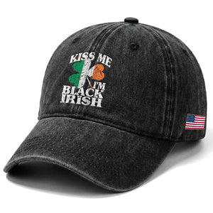 Funny Kiss Me I'm Black Irish Washed Cotton Baseball Cap St Patrick's Day Vintage Shamrock TS11 Print Your Wear
