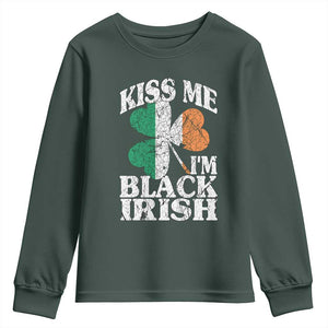 Funny Kiss Me I'm Black Irish Youth Sweatshirt St Patrick's Day Vintage Shamrock TS11 Dark Forest Green Print Your Wear