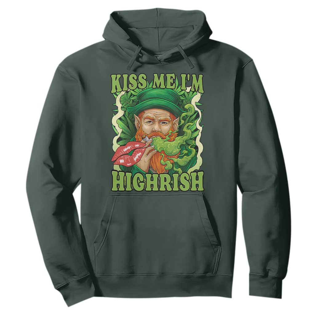 Funny St Patrick's Day Cannabis Weed Hoodie Kiss Me I'm Highrish Leprechaun TS11 Dark Forest Green Print Your Wear