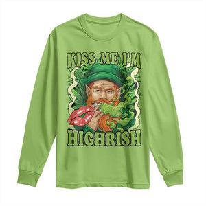 Funny St Patrick's Day Cannabis Weed Long Sleeve Shirt Kiss Me I'm Highrish Leprechaun TS11 Lime Print Your Wear