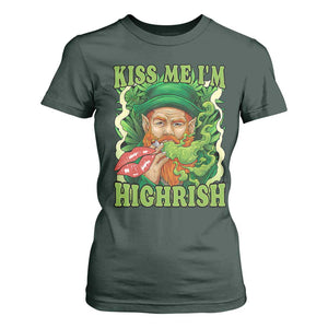 Funny St Patrick's Day Cannabis Weed T Shirt For Women Kiss Me I'm Highrish Leprechaun TS11 Dark Forest Green Print Your Wear