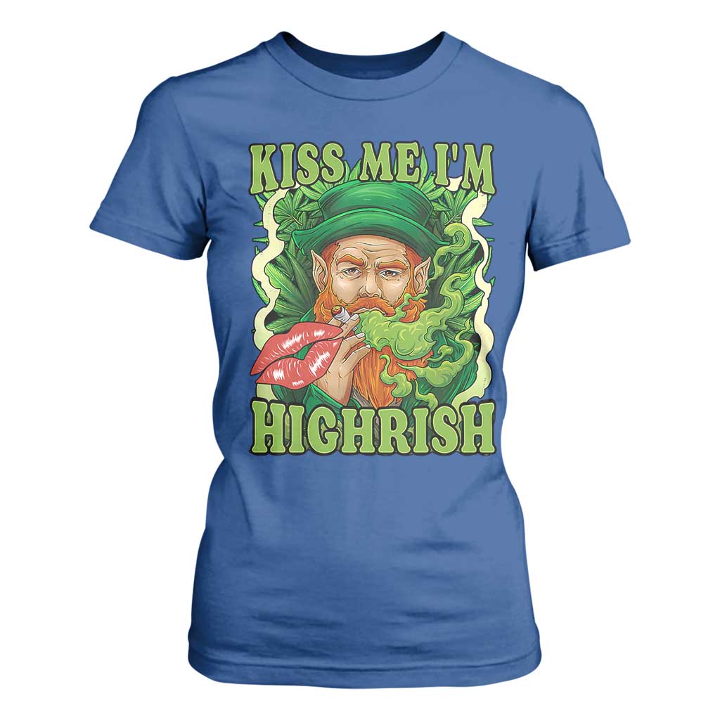 Funny St Patrick's Day Cannabis Weed T Shirt For Women Kiss Me I'm Highrish Leprechaun TS11 Royal Blue Print Your Wear