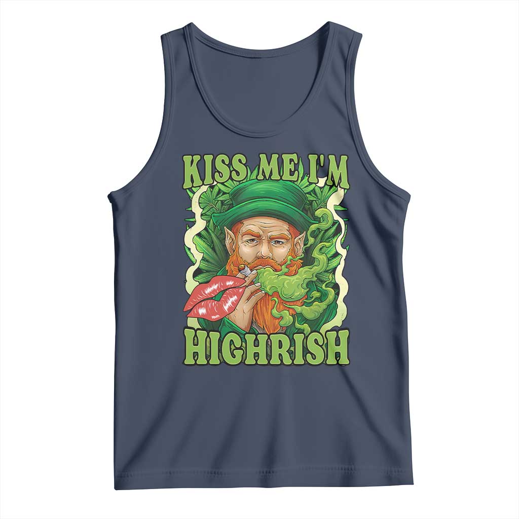 Funny St Patrick's Day Cannabis Weed Tank Top Kiss Me I'm Highrish Leprechaun TS11 Navy Print Your Wear
