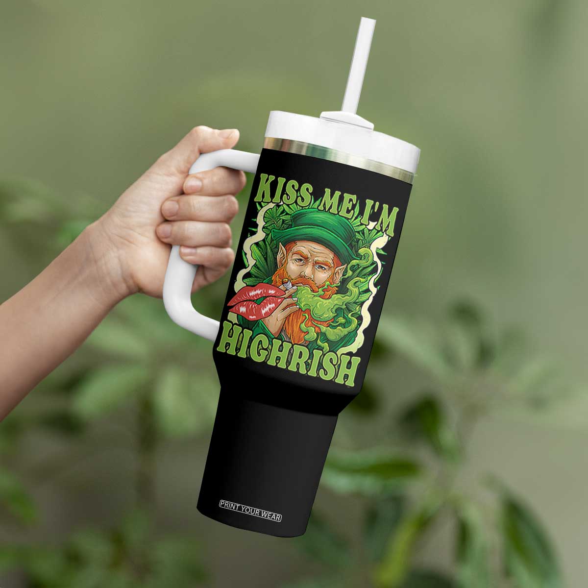 Funny St Patrick's Day Cannabis Weed Tumbler With Handle Kiss Me I'm Highrish Leprechaun TS11 Print Your Wear