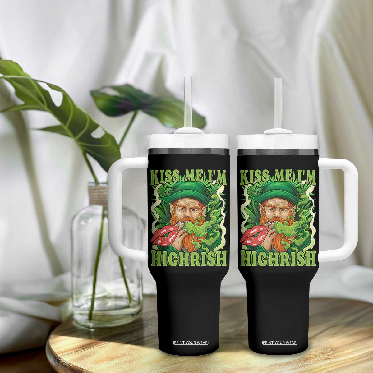 Funny St Patrick's Day Cannabis Weed Tumbler With Handle Kiss Me I'm Highrish Leprechaun TS11 Print Your Wear