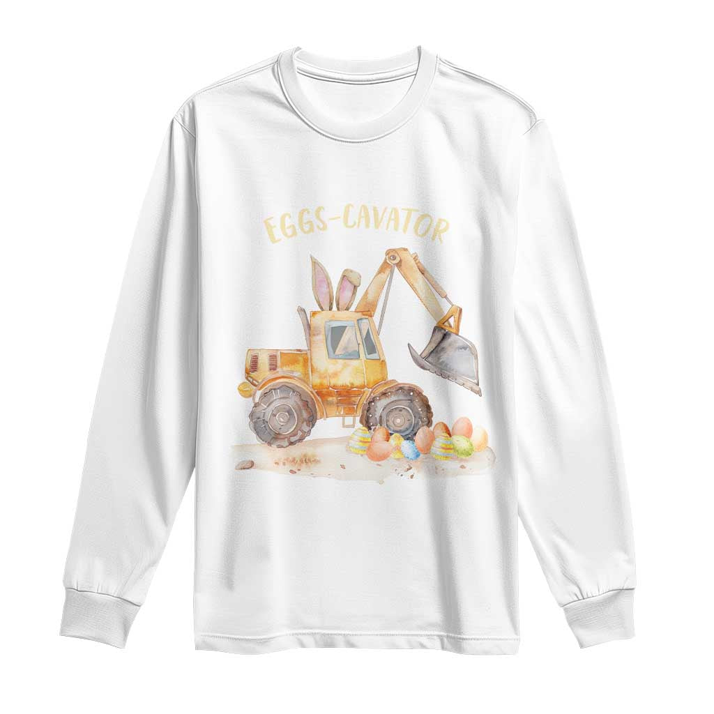 Funny Easter Day Excavator Long Sleeve Shirt Eggs-Cavator Bunny Construction Trucks TS11 White Print Your Wear