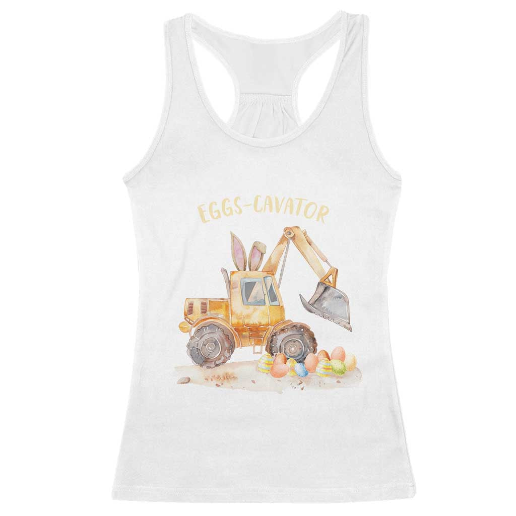 Funny Easter Day Excavator Racerback Tank Top Eggs-Cavator Bunny Construction Trucks TS11 White Print Your Wear