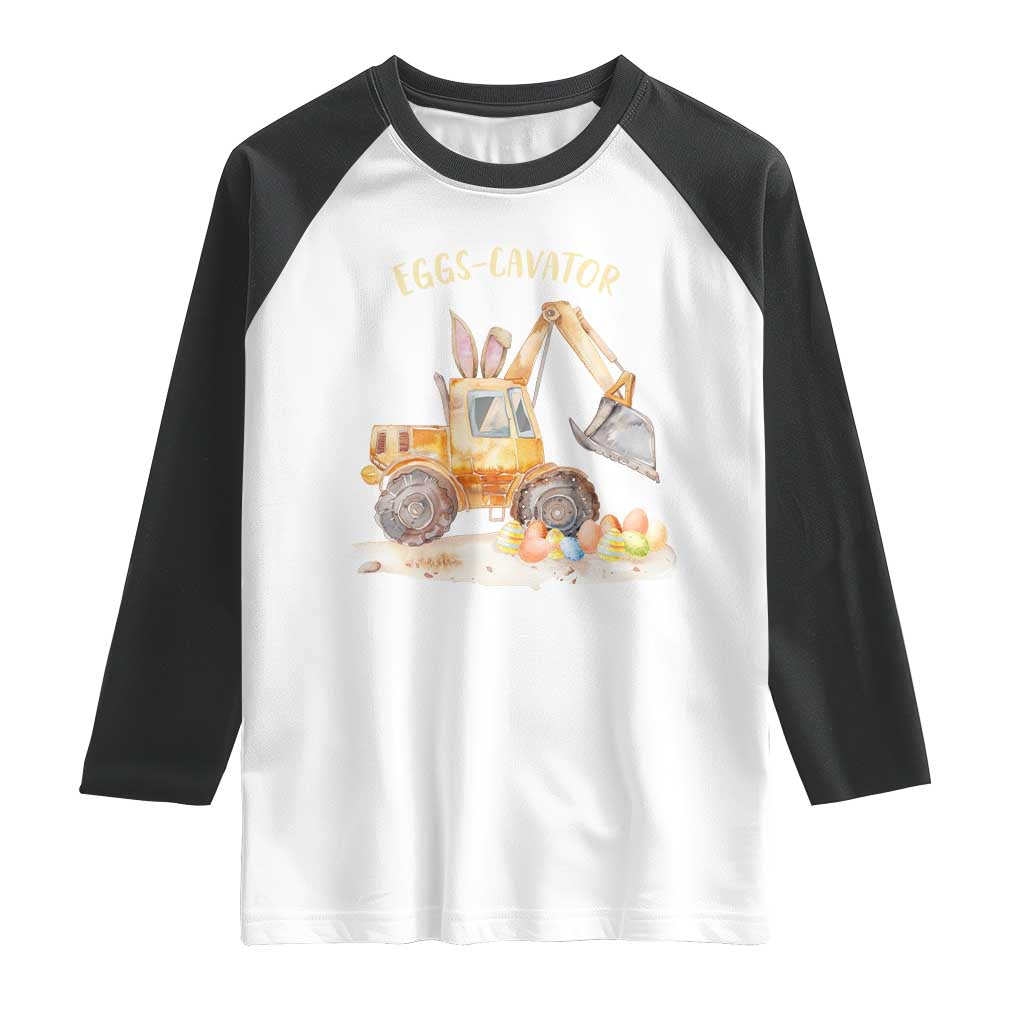 Funny Easter Day Excavator Raglan Shirt Eggs-Cavator Bunny Construction Trucks TS11 White Black Print Your Wear