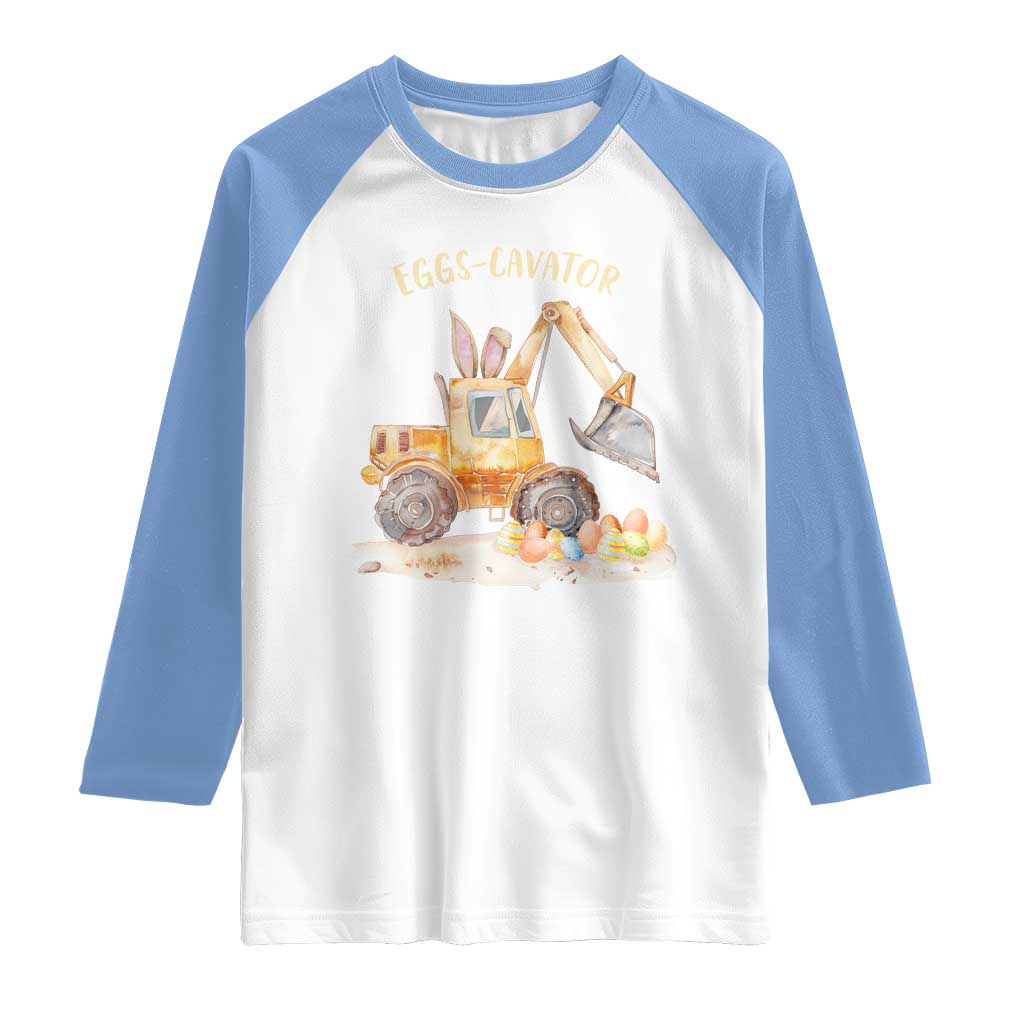 Funny Easter Day Excavator Raglan Shirt Eggs-Cavator Bunny Construction Trucks TS11 White Carolina Blue Print Your Wear