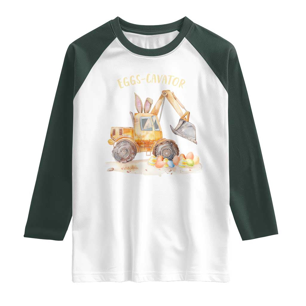 Funny Easter Day Excavator Raglan Shirt Eggs-Cavator Bunny Construction Trucks TS11 White Dark Forest Green Print Your Wear