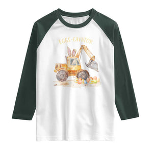 Funny Easter Day Excavator Raglan Shirt Eggs-Cavator Bunny Construction Trucks TS11 White Dark Forest Green Print Your Wear