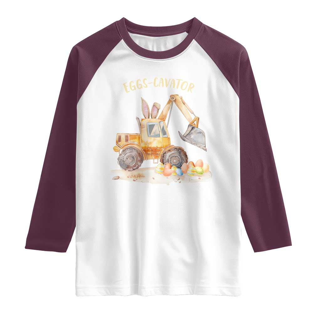 Funny Easter Day Excavator Raglan Shirt Eggs-Cavator Bunny Construction Trucks TS11 White Maroon Print Your Wear