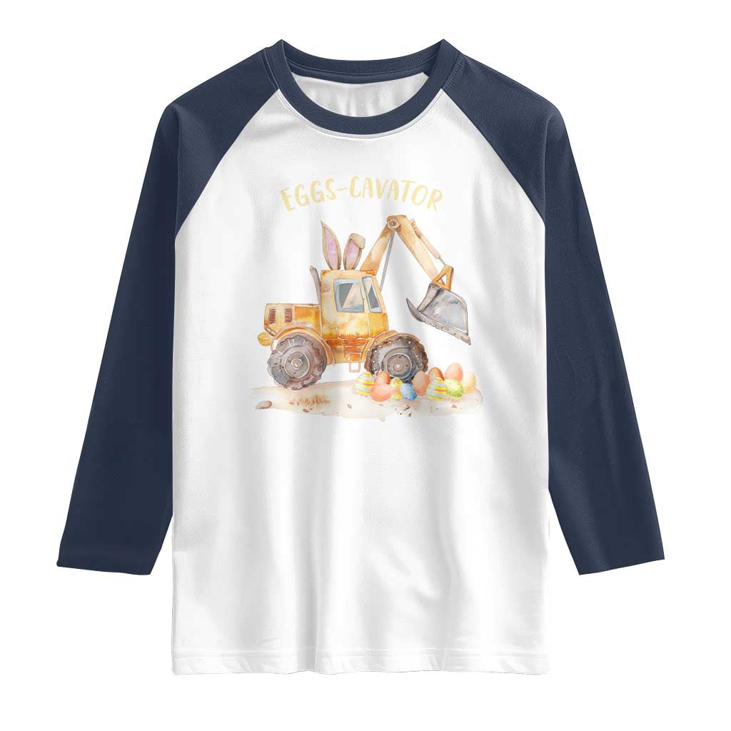 Funny Easter Day Excavator Raglan Shirt Eggs-Cavator Bunny Construction Trucks TS11 White Navy Print Your Wear