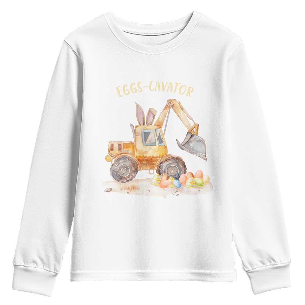 Funny Easter Day Excavator Youth Sweatshirt Eggs-Cavator Bunny Construction Trucks TS11 White Print Your Wear