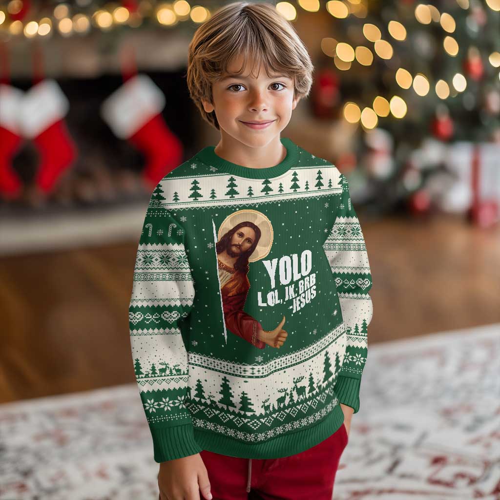 Funny Resurrection Christians Easter Day Ugly Christmas Sweater YOLO LOL JK BRB Jesus TS11 Forest Green Beige Print Your Wear