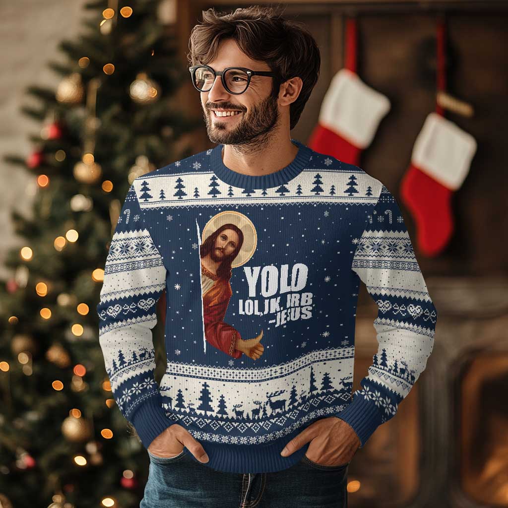 Funny Resurrection Christians Easter Day Ugly Christmas Sweater YOLO LOL JK BRB Jesus TS11 Navy Beige Print Your Wear