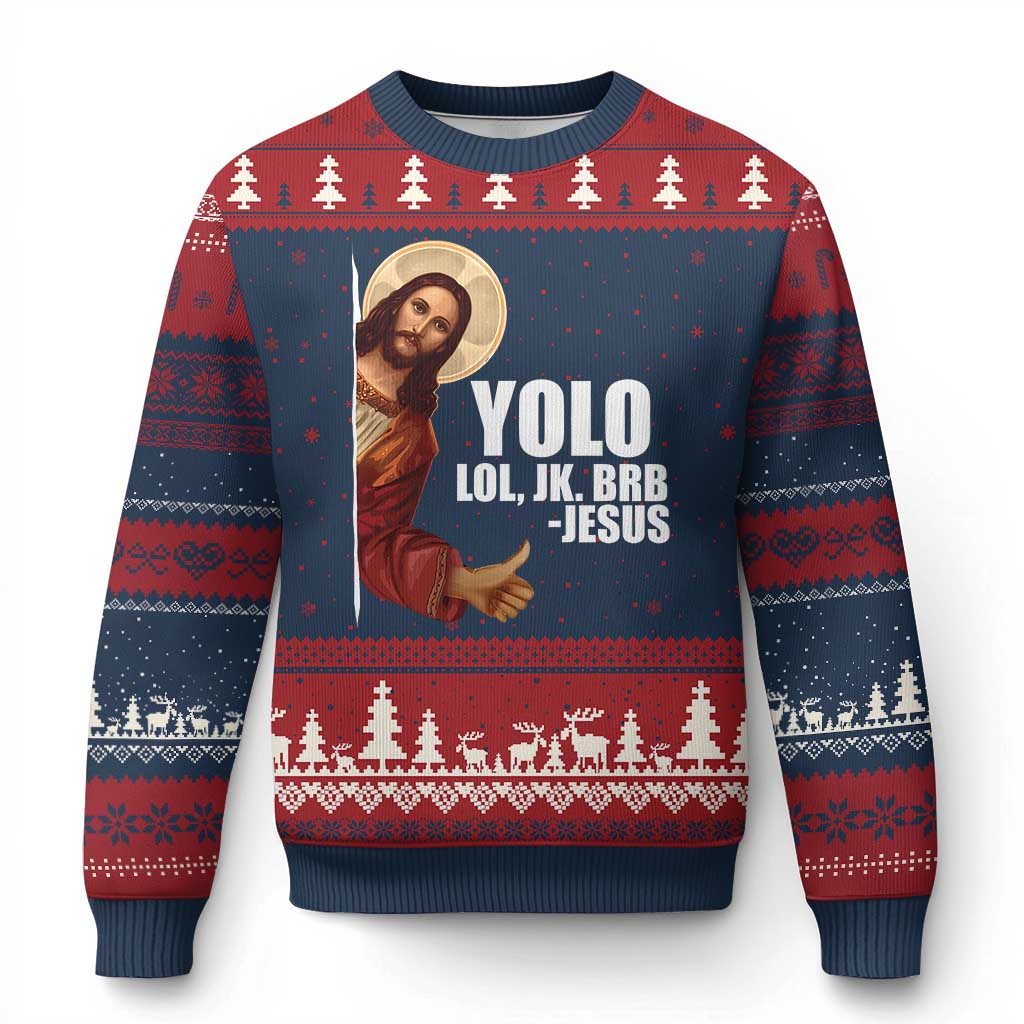 Funny Resurrection Christians Easter Day Ugly Christmas Sweater YOLO LOL JK BRB Jesus TS11 Navy Red Print Your Wear