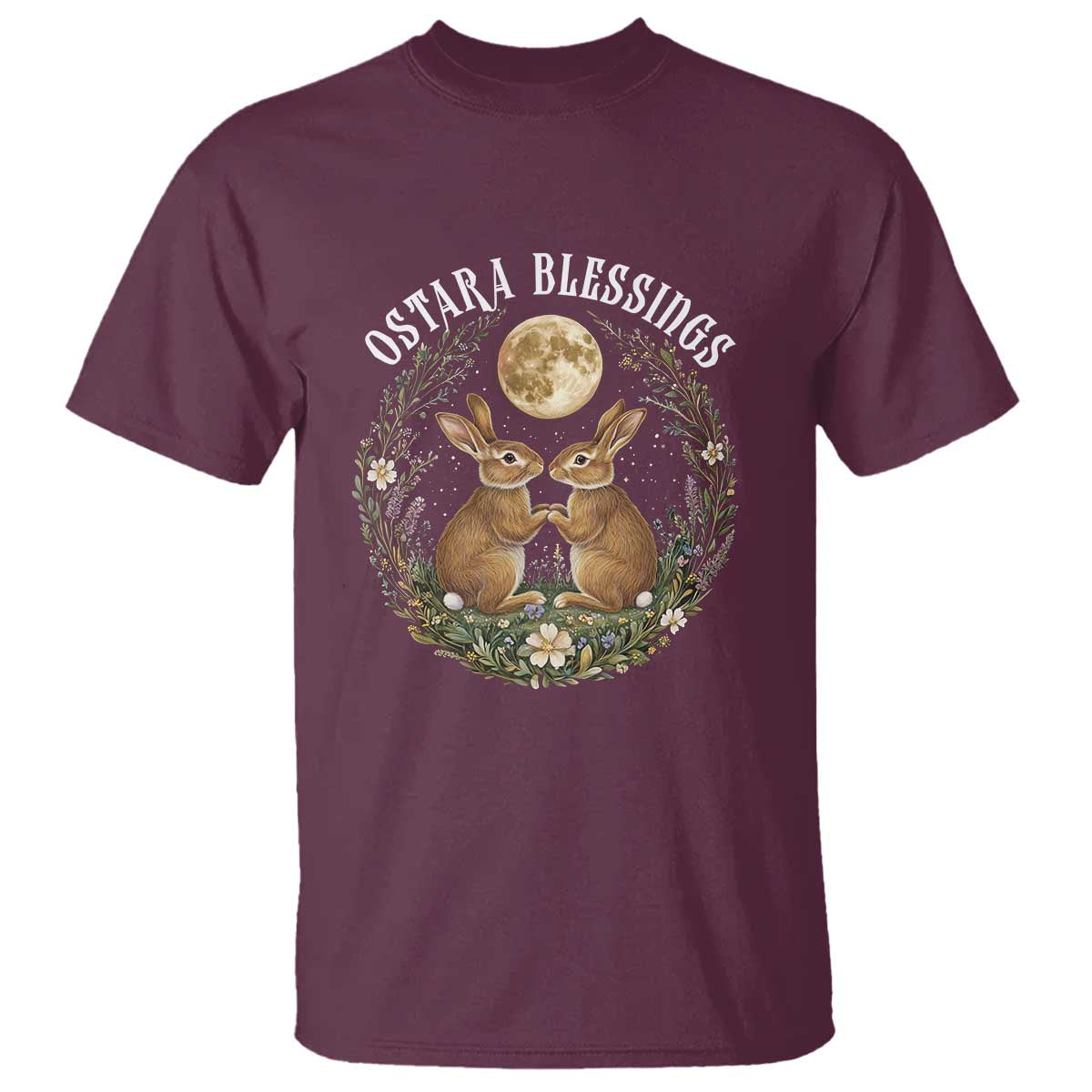 Ostara Blessing Pagan Eostre Easter Day T Shirt Spring Moon Rabbit Spring Equinox Festival TS11 Maroon Print Your Wear