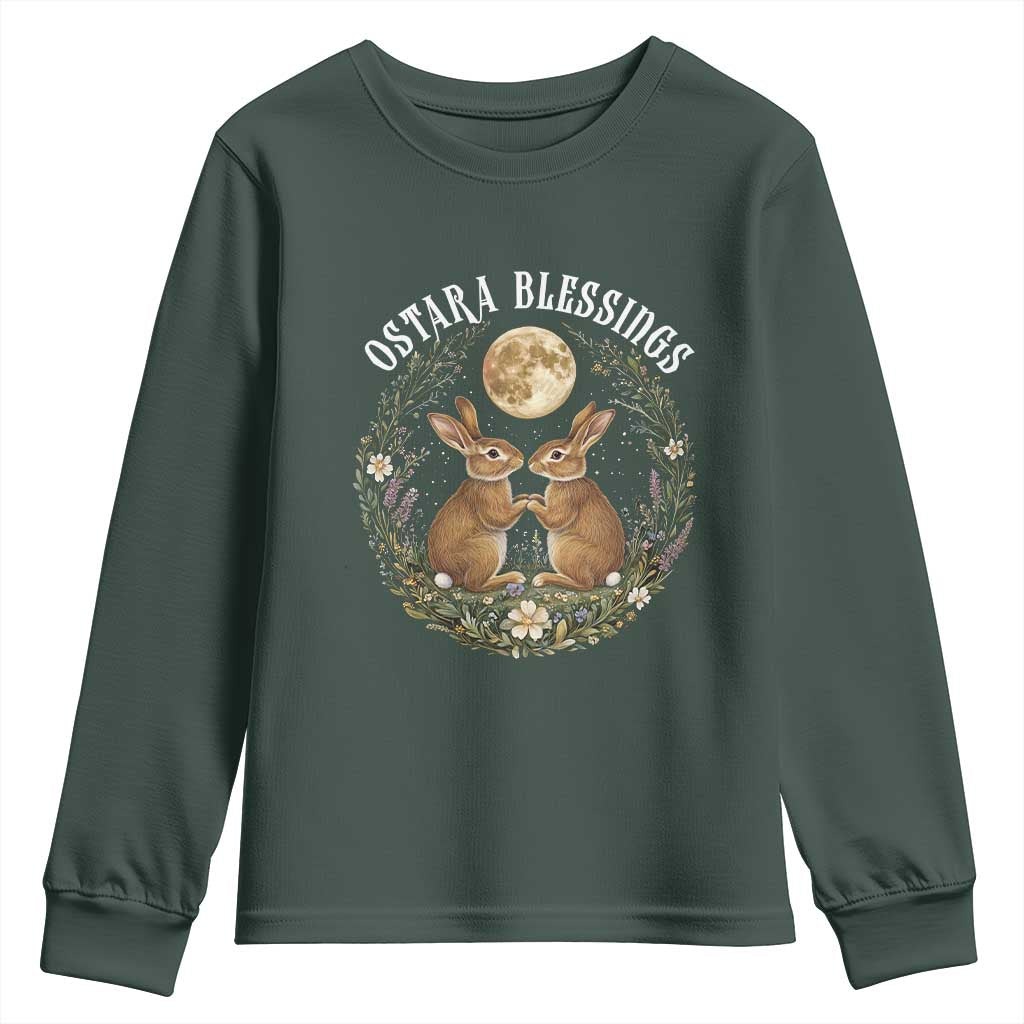 Ostara Blessing Pagan Eostre Easter Day Youth Sweatshirt Spring Moon Rabbit Spring Equinox Festival TS11 Dark Forest Green Print Your Wear