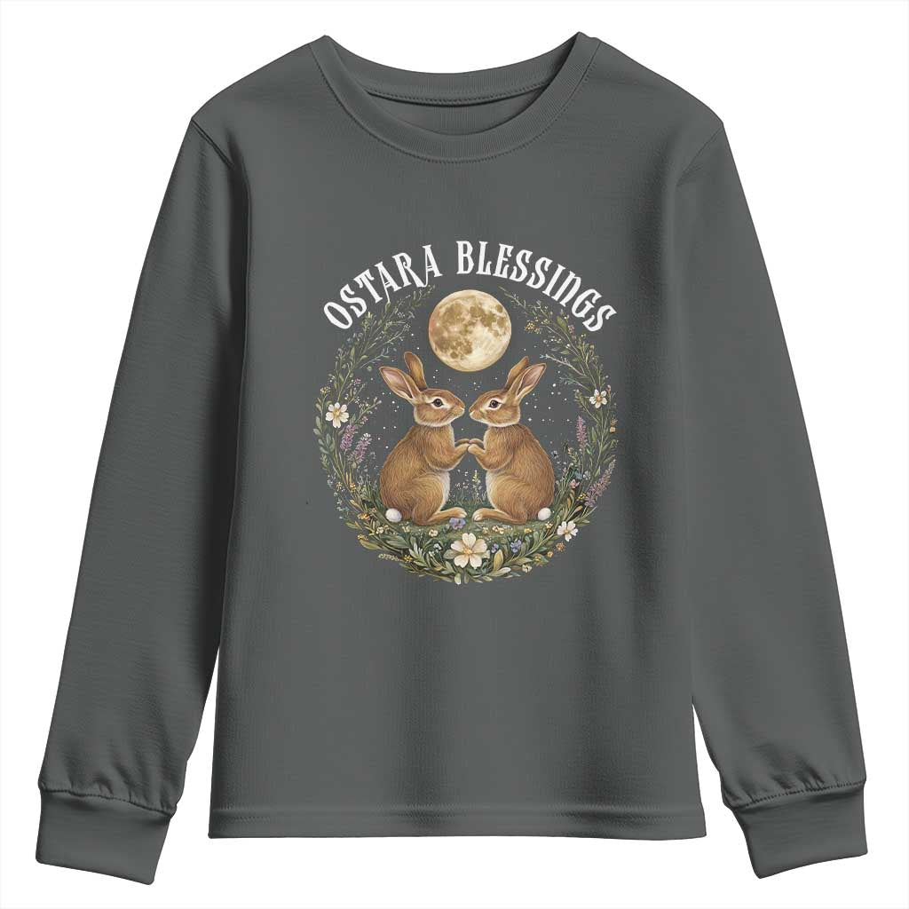 Ostara Blessing Pagan Eostre Easter Day Youth Sweatshirt Spring Moon Rabbit Spring Equinox Festival TS11 Dark Heather Print Your Wear