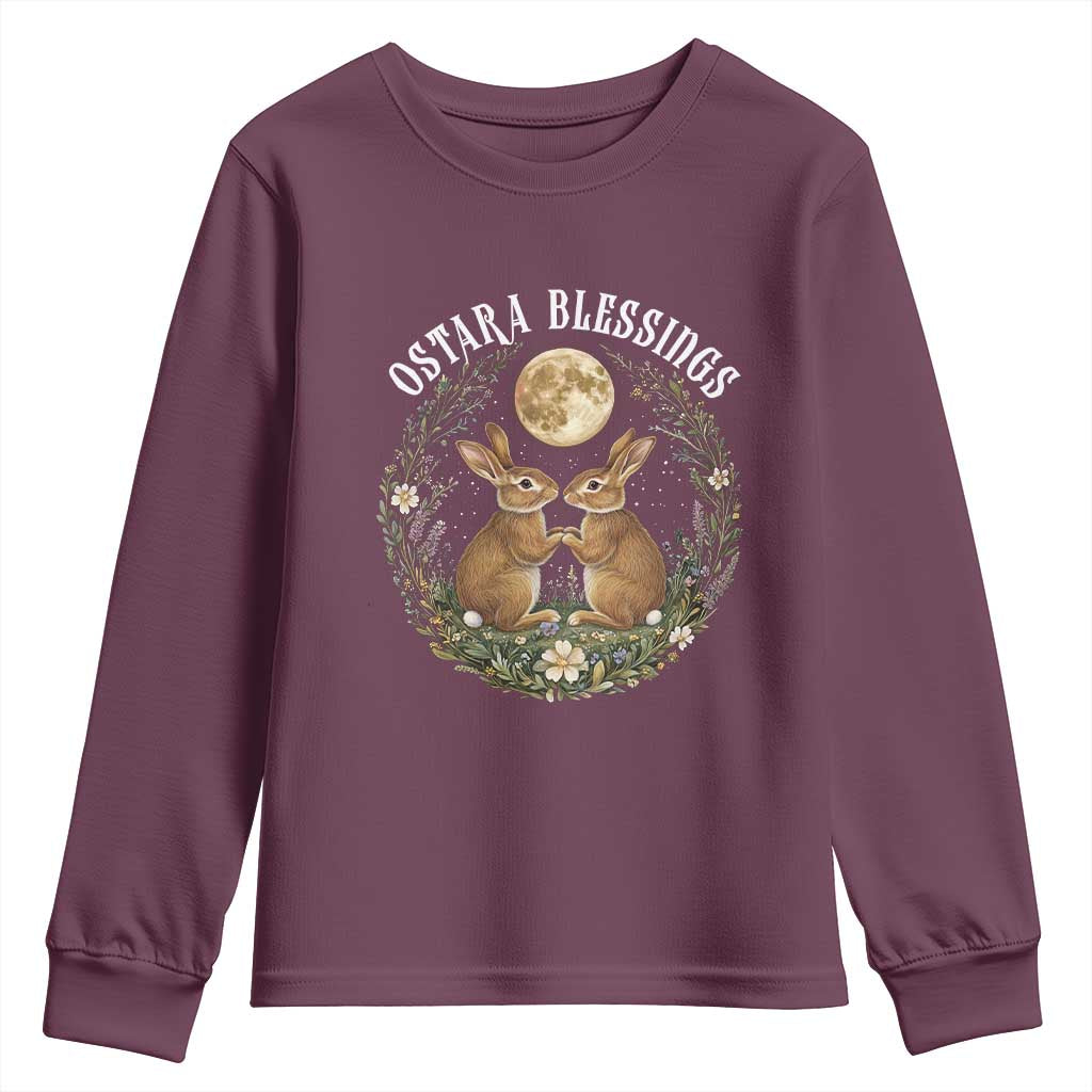 Ostara Blessing Pagan Eostre Easter Day Youth Sweatshirt Spring Moon Rabbit Spring Equinox Festival TS11 Maroon Print Your Wear