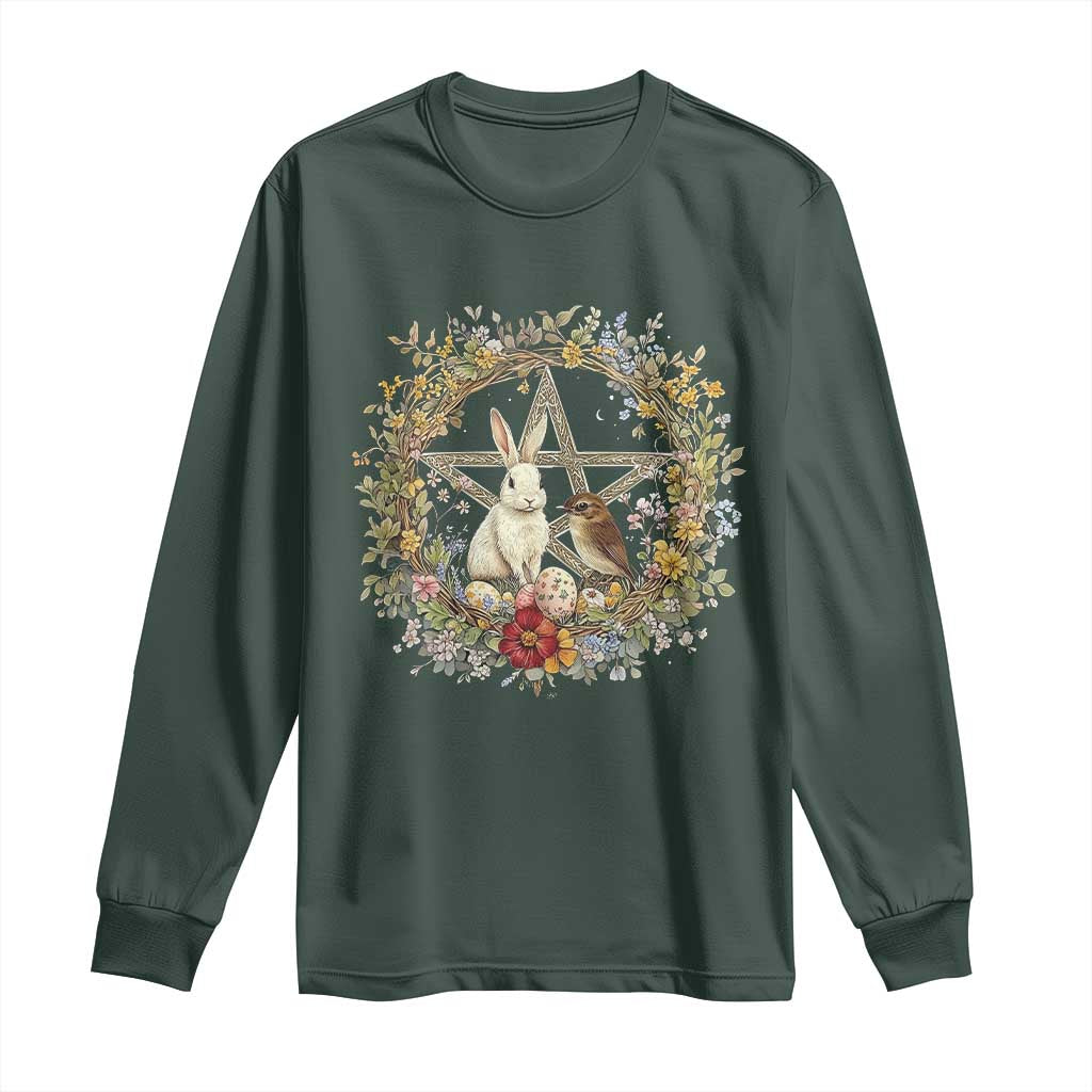 Ostara Blessing Pagan Eostre Easter Day Long Sleeve Shirt Rabbit Bird Wiccan Pentagram TS11 Dark Forest Green Print Your Wear