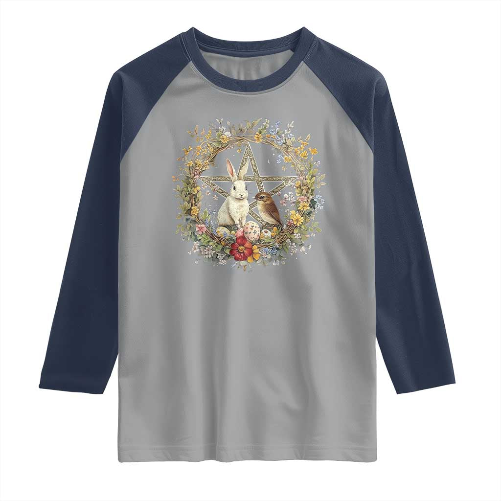 Ostara Blessing Pagan Eostre Easter Day Raglan Shirt Rabbit Bird Wiccan Pentagram TS11 Sport Gray Navy Print Your Wear
