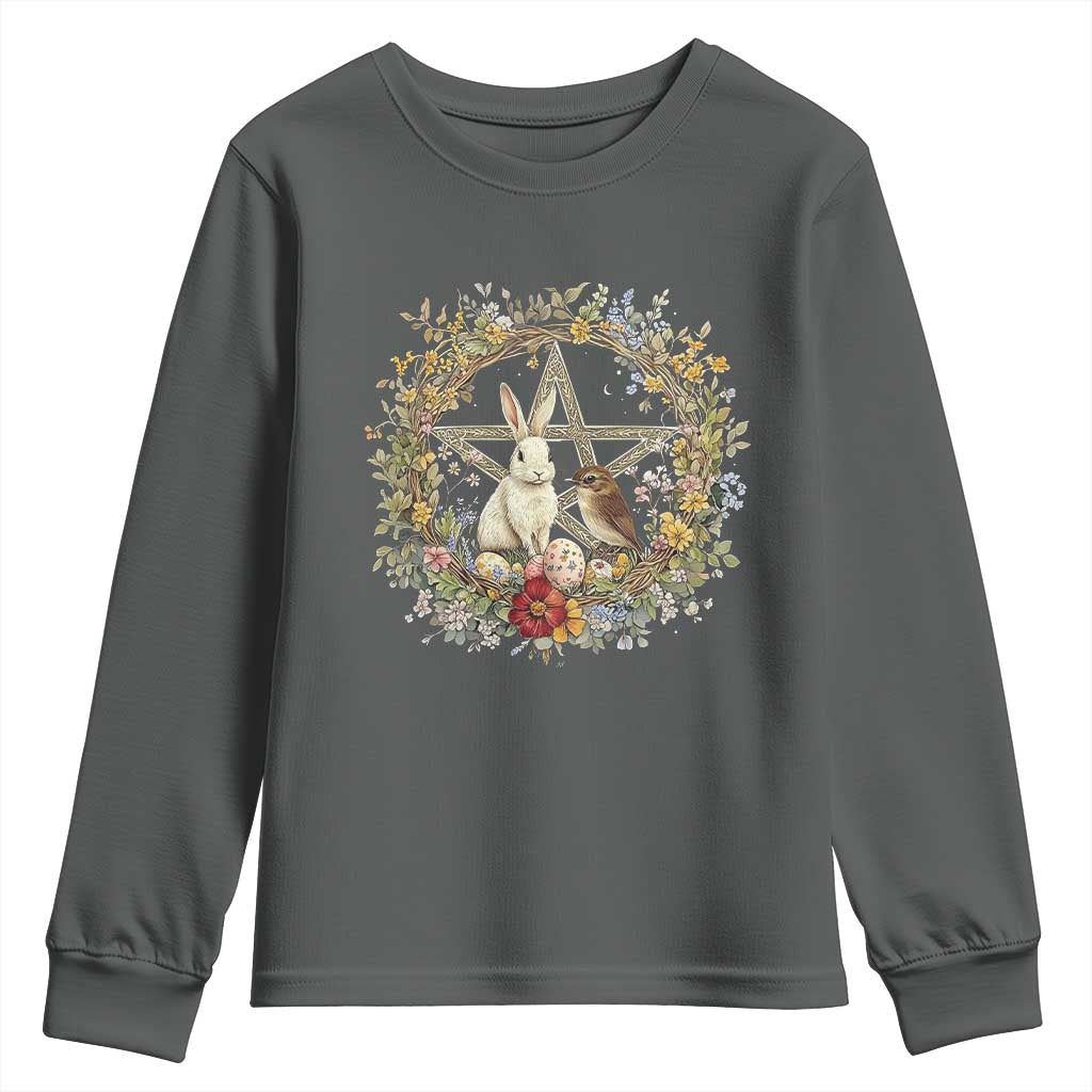 Ostara Blessing Pagan Eostre Easter Day Youth Sweatshirt Rabbit Bird Wiccan Pentagram TS11 Dark Heather Print Your Wear
