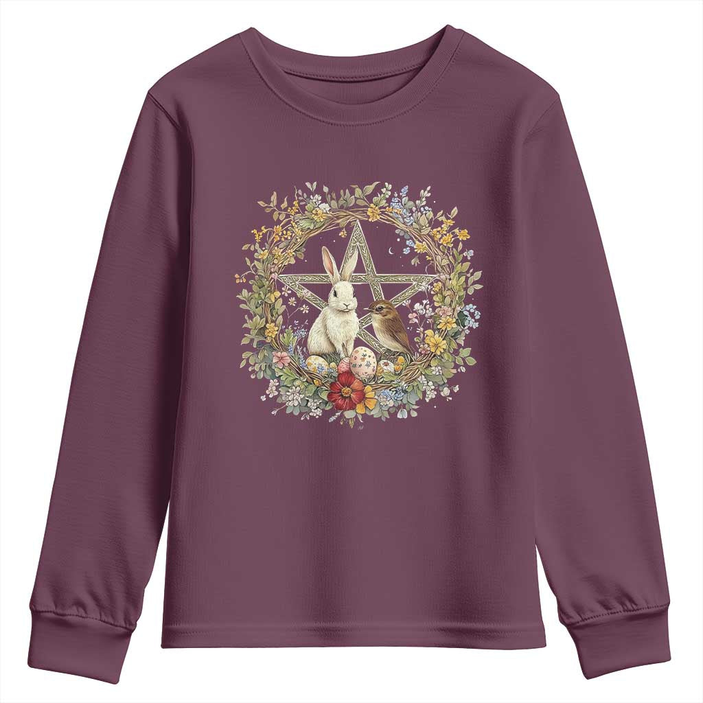 Ostara Blessing Pagan Eostre Easter Day Youth Sweatshirt Rabbit Bird Wiccan Pentagram TS11 Maroon Print Your Wear