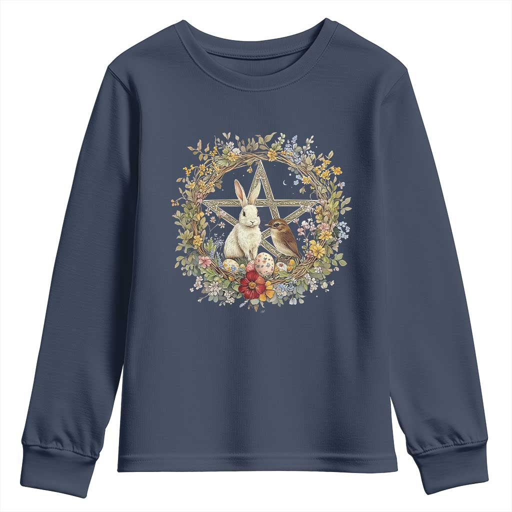 Ostara Blessing Pagan Eostre Easter Day Youth Sweatshirt Rabbit Bird Wiccan Pentagram TS11 Navy Print Your Wear