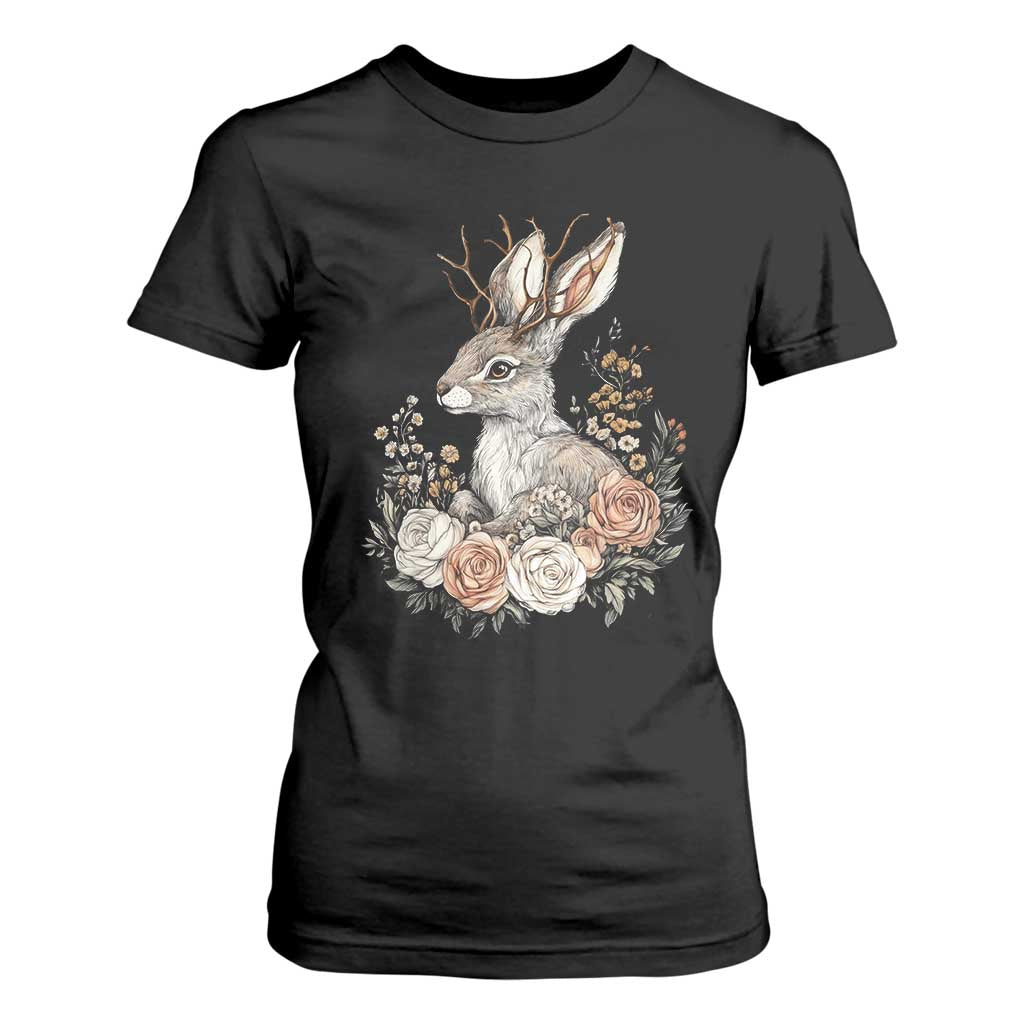 Easter Day Jackalope Vintage Floral Cottagecore T Shirt For Women TS11 Black Print Your Wear