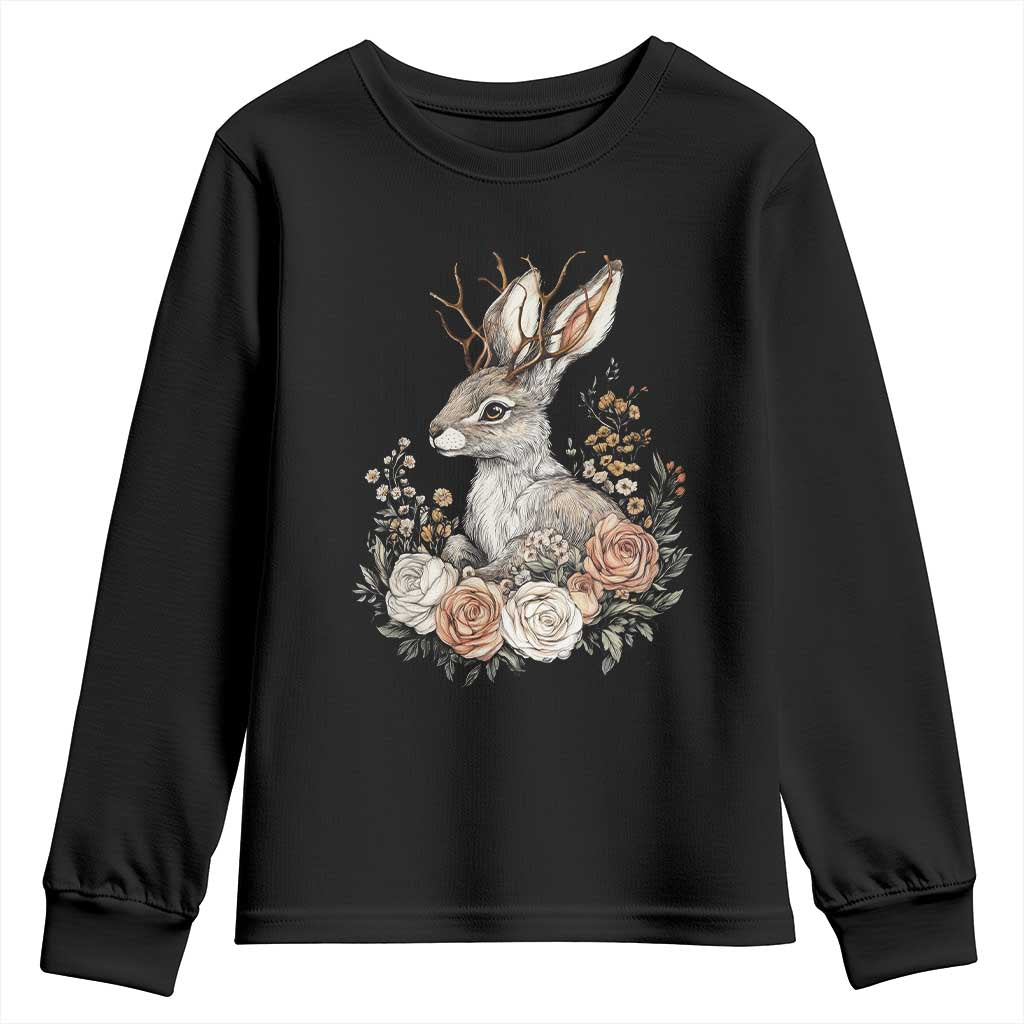 Easter Day Jackalope Vintage Floral Cottagecore Youth Sweatshirt TS11 Black Print Your Wear