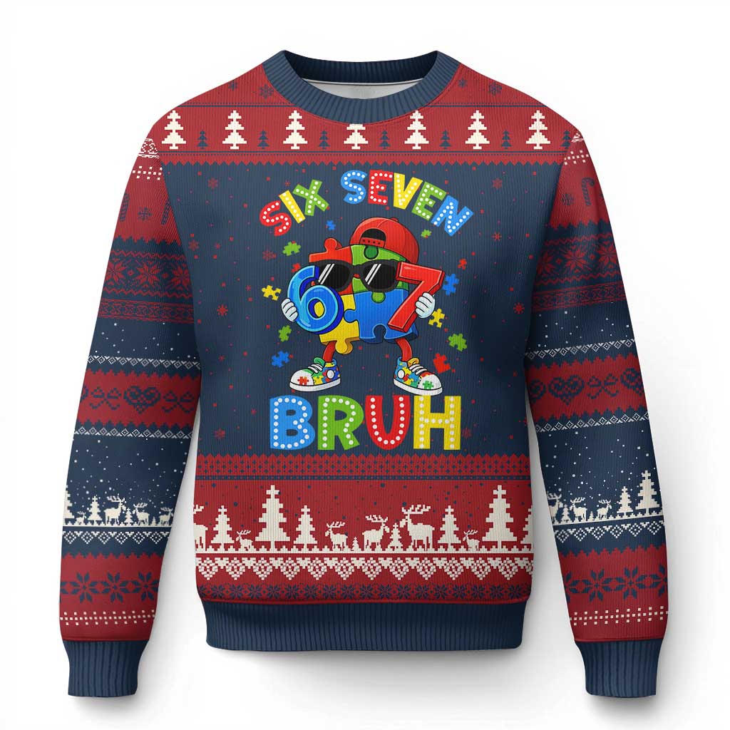 67 Autism Awareness Ugly Christmas Sweater Funny Six Seven Bruh Autistic Puzzle Kids Boys TS11 Navy Red Print Your Wear