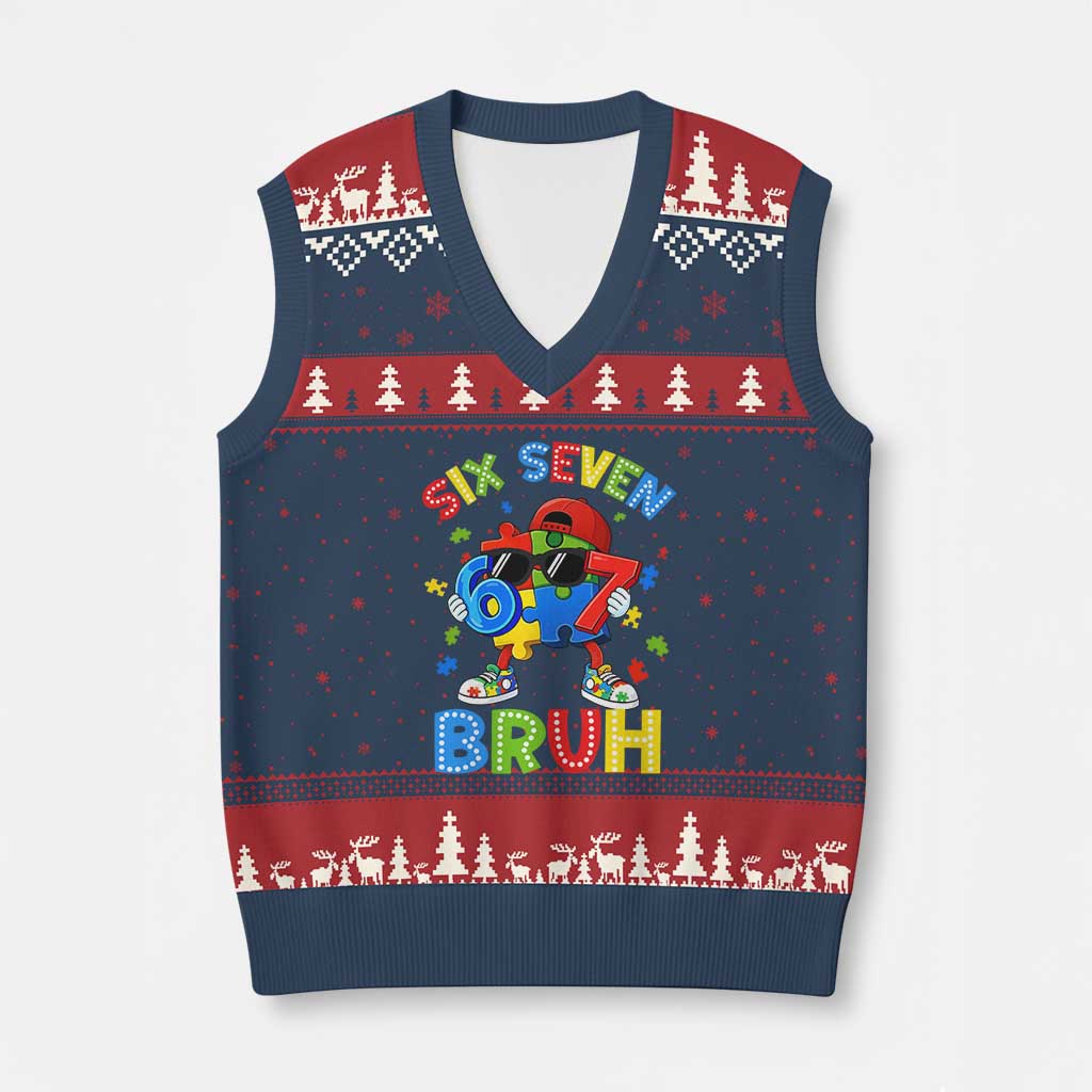 67 Autism Awareness V-Neck Knit Sweater Vest Funny Six Seven Bruh Autistic Puzzle Kids Boys TS11 Navy Red Print Your Wear