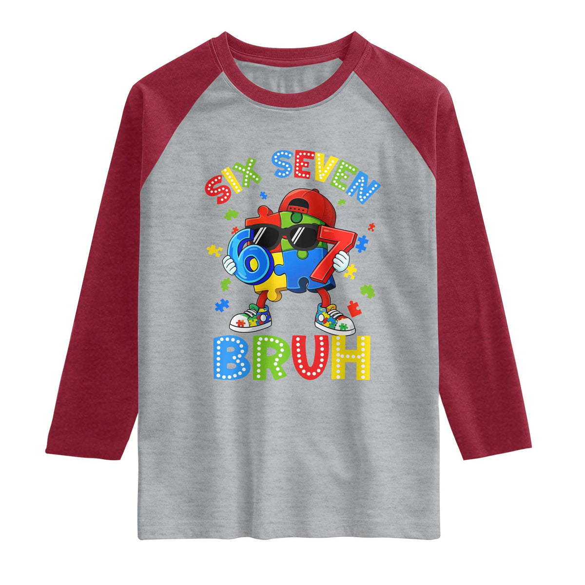 67 Autism Awareness Raglan Shirt Funny Six Seven Bruh Autistic Puzzle Kids Boys TS11 Heather Gray Heather Red Print Your Wear