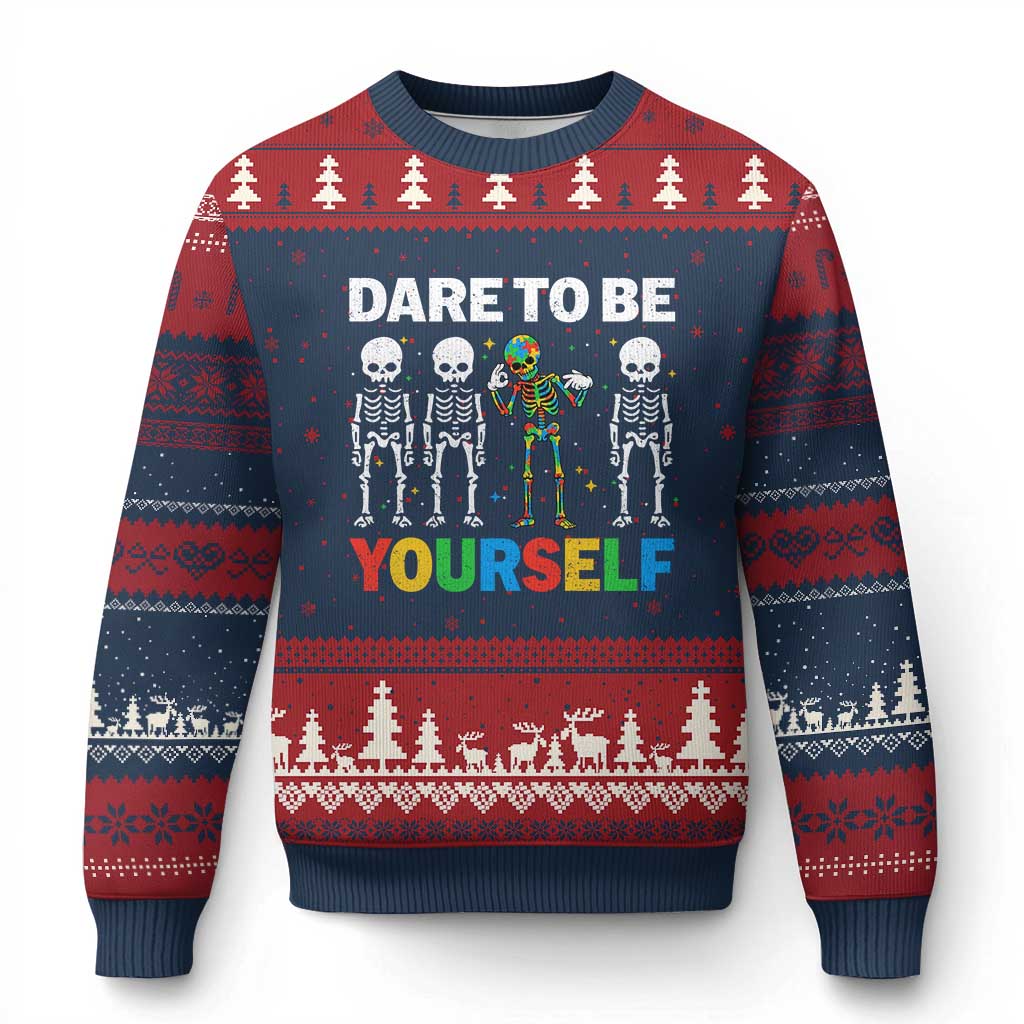 Autism Awareness 67 Ugly Christmas Sweater Dare To Be Yourself Six Seven Autism Skeleton TS11 Navy Red Print Your Wear