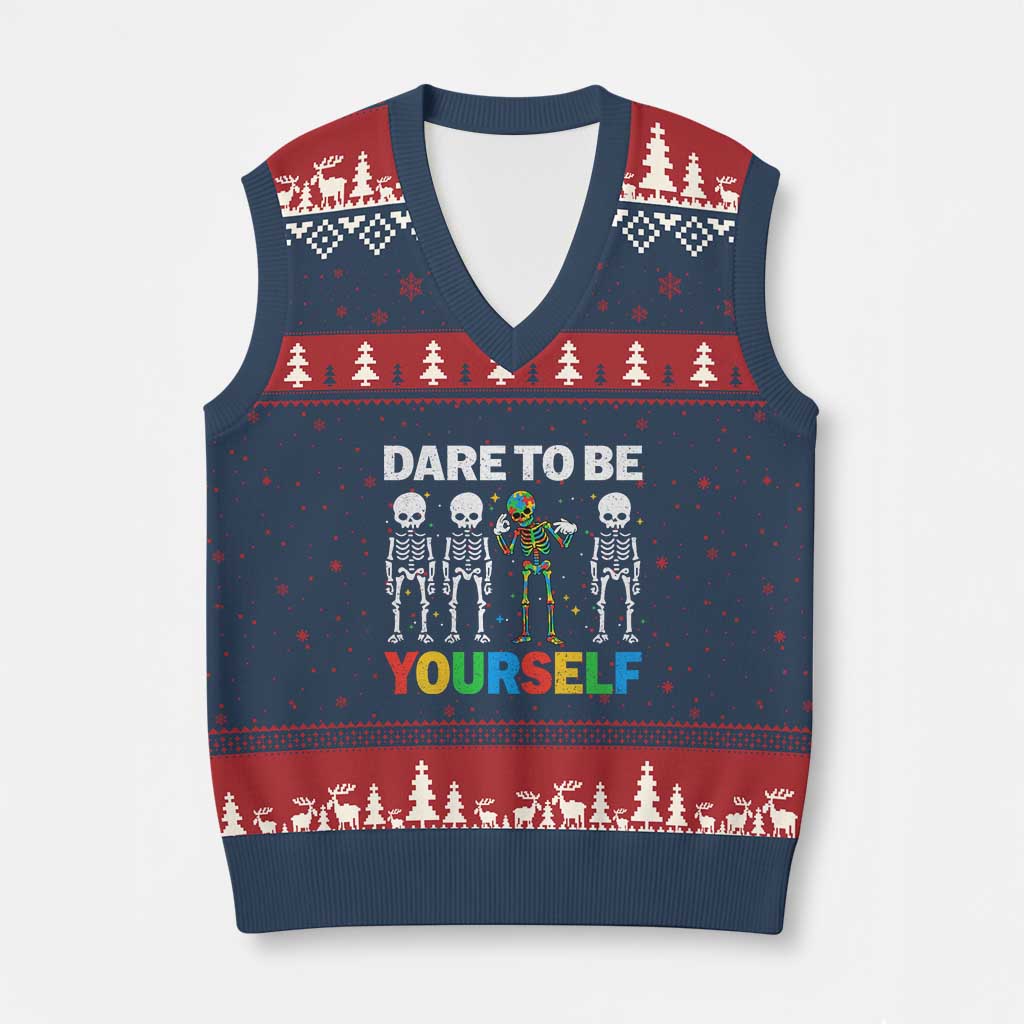 Autism Awareness 67 V-Neck Knit Sweater Vest Dare To Be Yourself Six Seven Autism Skeleton TS11 Navy Red Print Your Wear