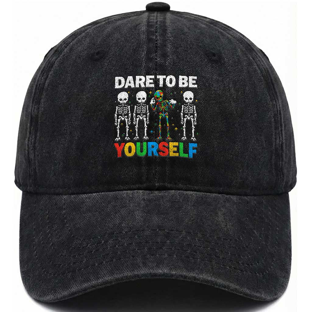 Autism Awareness 67 Washed Cotton Baseball Cap Dare To Be Yourself Six Seven Autism Skeleton TS11 Print Your Wear