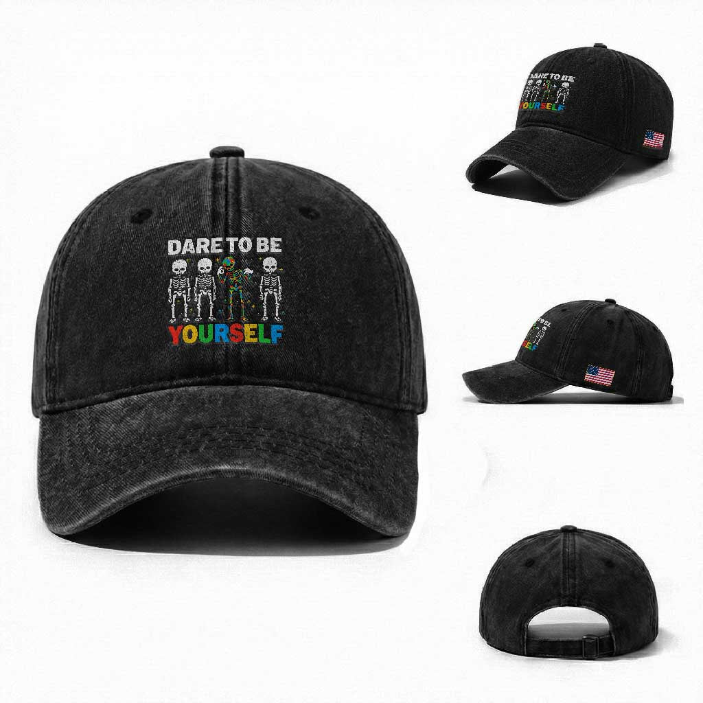 Autism Awareness 67 Washed Cotton Baseball Cap Dare To Be Yourself Six Seven Autism Skeleton TS11 Washed Cap Universal Fit Black Print Your Wear