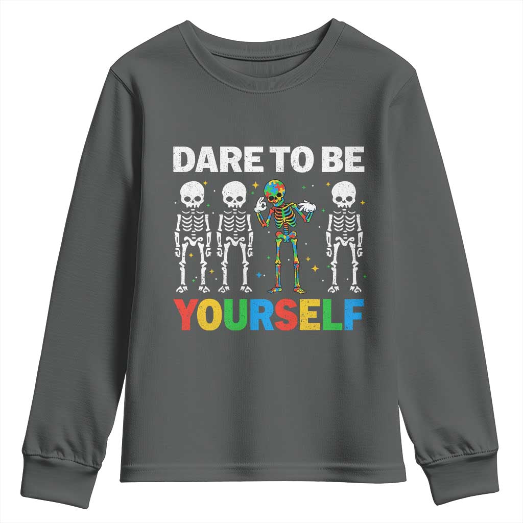 Autism Awareness 67 Youth Sweatshirt Dare To Be Yourself Six Seven Autism Skeleton TS11 Dark Heather Print Your Wear