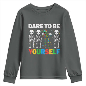 Autism Awareness 67 Youth Sweatshirt Dare To Be Yourself Six Seven Autism Skeleton TS11 Dark Heather Print Your Wear