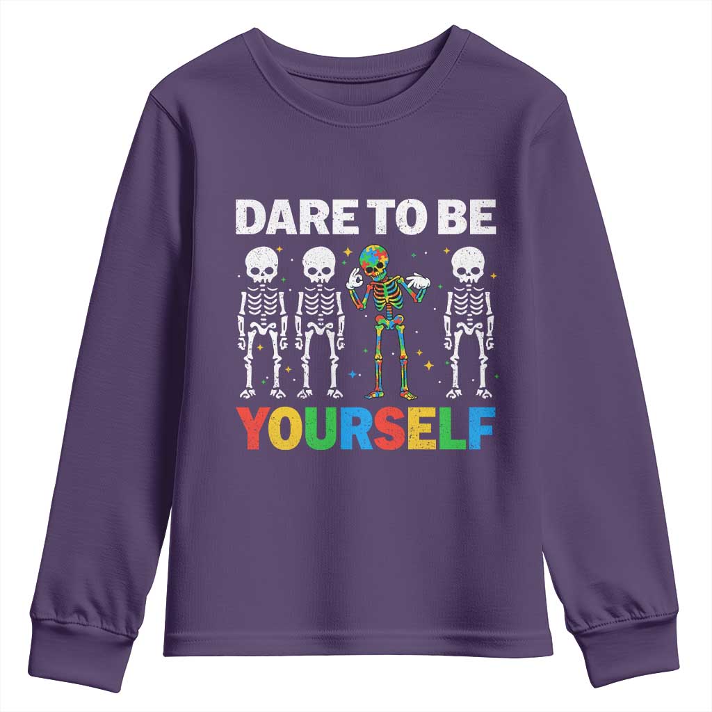 Autism Awareness 67 Youth Sweatshirt Dare To Be Yourself Six Seven Autism Skeleton TS11 Purple Print Your Wear