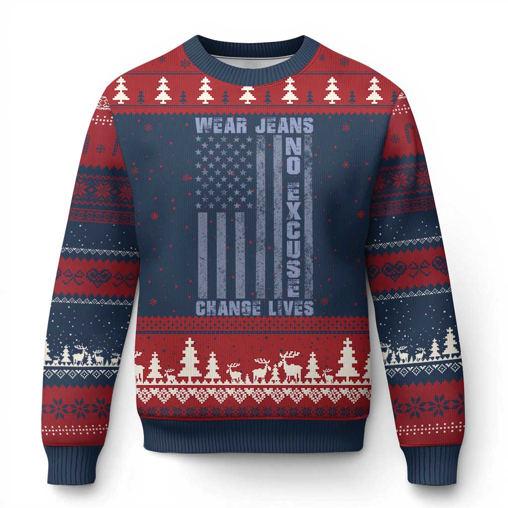 Denim Day Awareness Ugly Christmas Sweater Wear Jeans No Excuse Change Lives Vintage American Flag TS11 Navy Red Print Your Wear